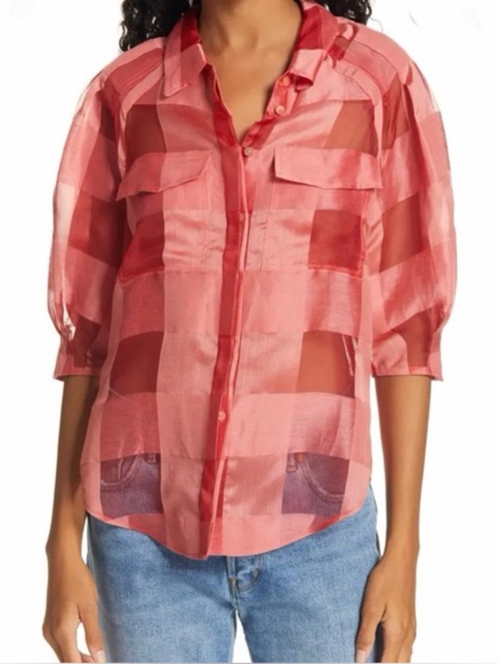Rebecca Taylor Lightweight Pink Checkered Button-Front Women's Blouse